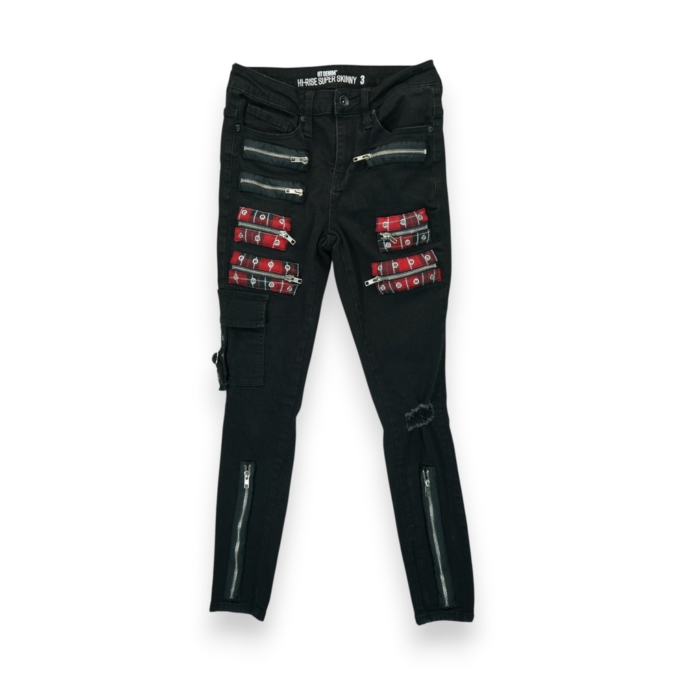 HT Denim Jeans High Rise Super Skinny‎ Black Zippers Buckles Size 3 Black